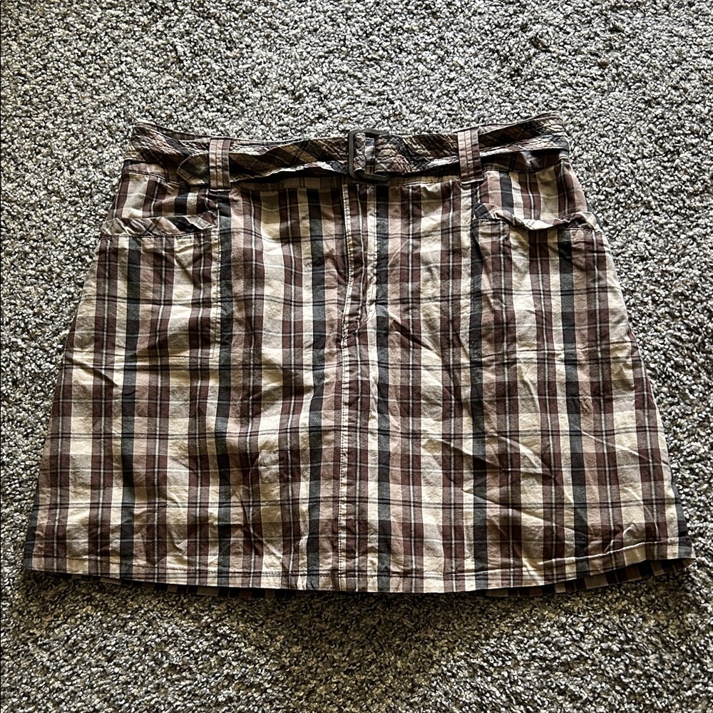 White Stag Brown and Cream Plaid Belted Mini Skirt